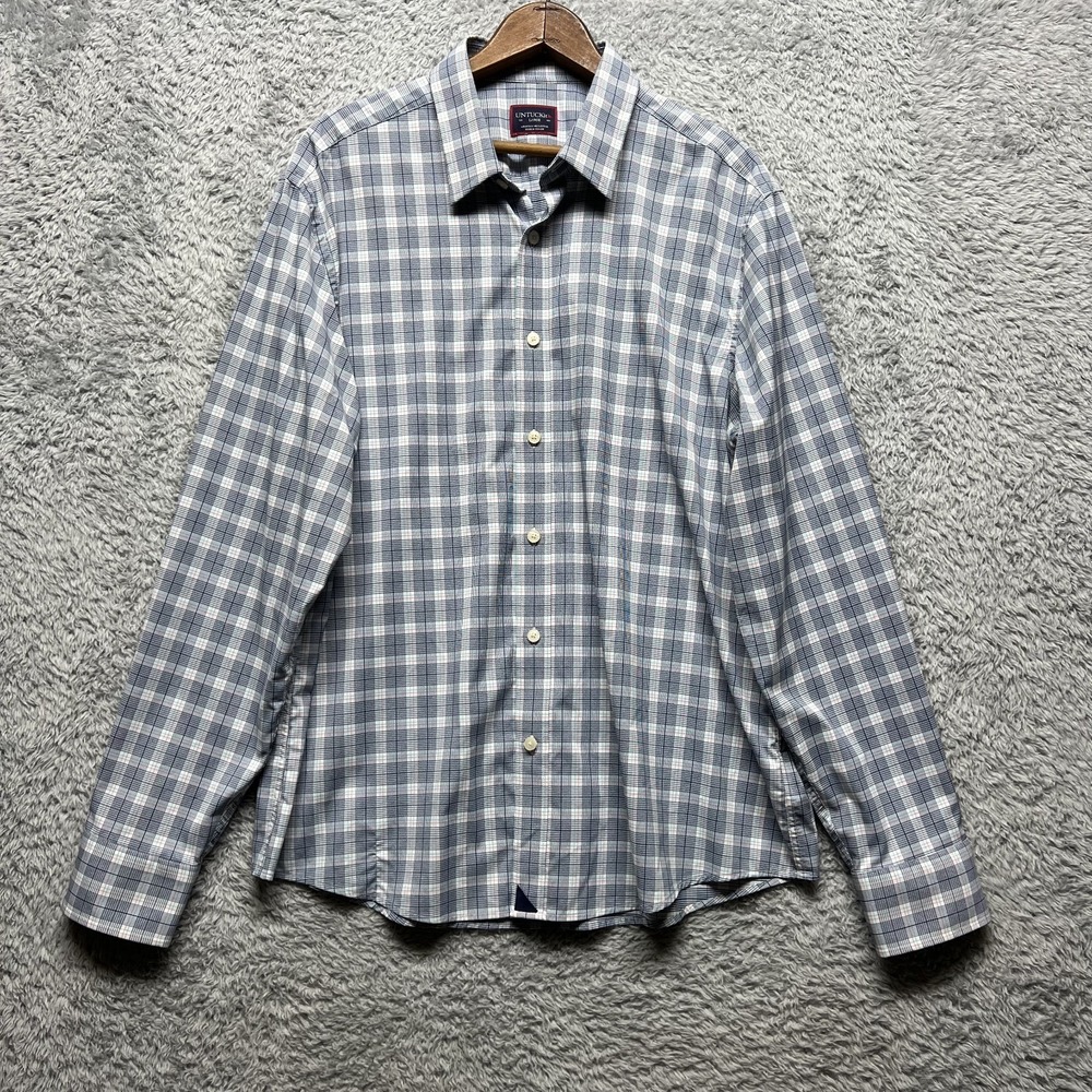 Untuckit Shirt Mens Large Blue Plaid Button Down Performance‎ Stretch Burklin